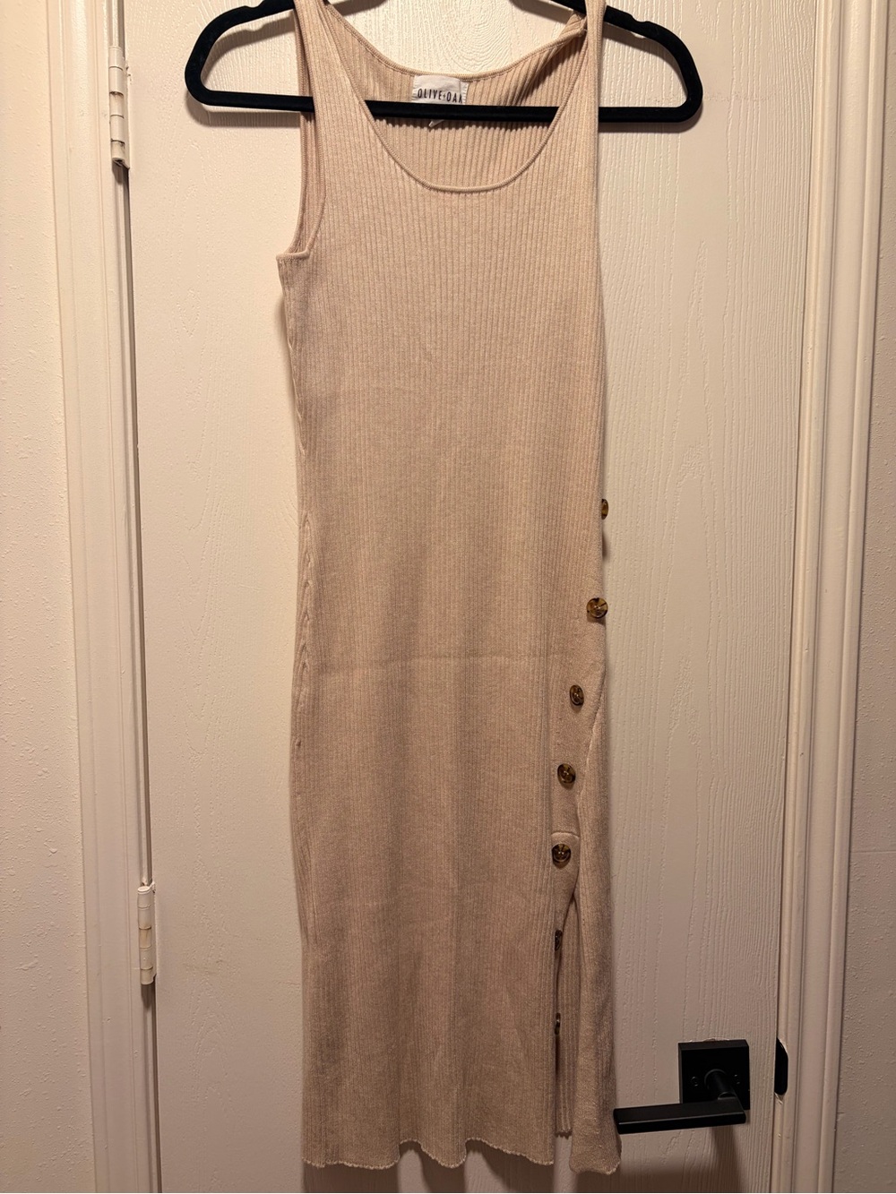 Olive & Oak Ribbed Tank Midi Dress in Beige with Side Buttons
